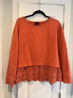 J. Crew Size XXL Coral Eyelet Lace Hem Long Sleeve Cotton Terry Sweatshirt Top